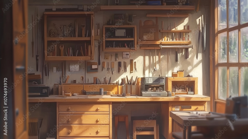 Set the piece against a soft, blurred background of a workshop, adding subtle context like wooden surfaces, workbenches, or materials, yet keeping the focus on the main craftwork. Set the piece against a soft, blurred background of a workshop, adding subtle context like wooden surfaces, workbenches, or materials, yet keeping the focus on the main craftwork.