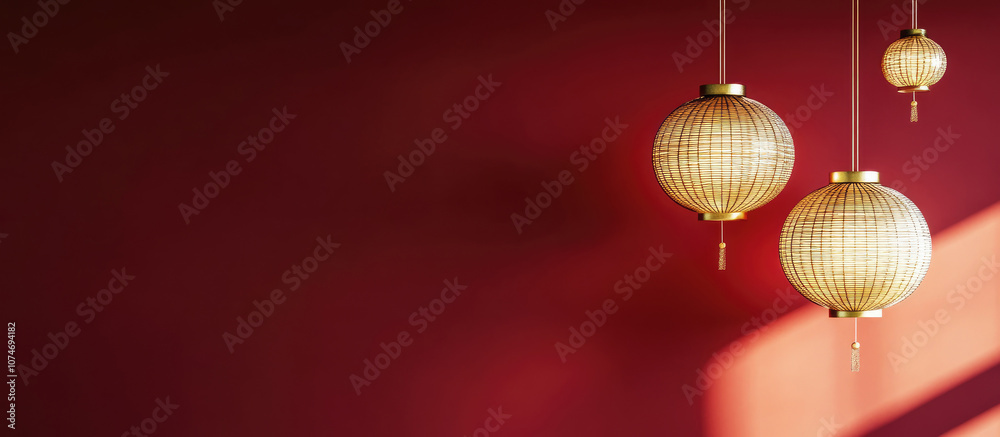 Modern wicker pendant lamps with warm light against red background in minimalist interior Modern wicker pendant lamps with warm light against red background in minimalist interior