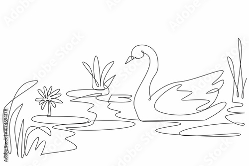 Single continuous line drawing a swan is gracefully swimming in a wetland. The beauty and elegance of nature. Combining to create tranquility. World Wetlands Day. One line design vector illustration