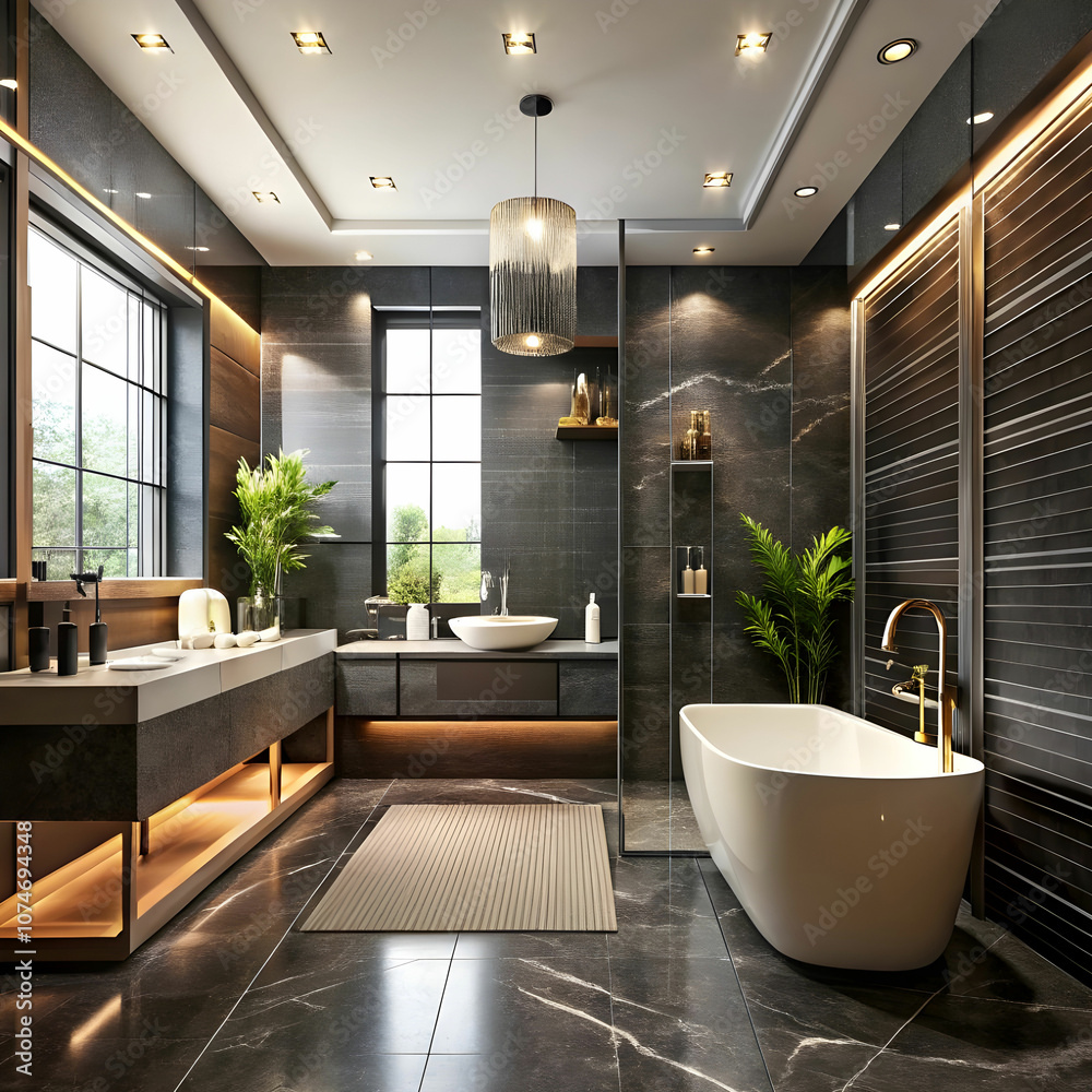 3d rendering modern black bathroom with luxury tile