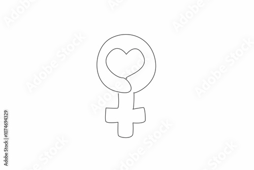 Continuous one line drawing heart shape in the middle of female symbol. Awareness campaign for women about heart disease. Illness. National Wear Red Day. Single line draw design vector illustration