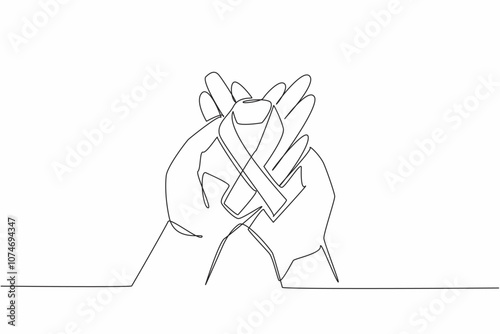 Single one line drawing ribbons form the cancer campaign symbol on both palms. Sign. Symbol requires more attention. Avoid cancer. Aware. World Cancer Day. Continuous line design graphic illustration