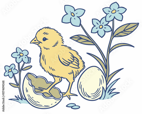 A vintage illustration of a yellow chick emerging from its shell surrounded by delicate flowers in a serene setting