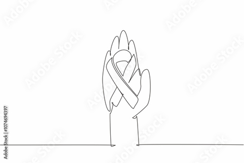 Single one line drawing one open palm has a ribbon forming cancer symbol. Symbol for helping each other. Positive activities for charity. World Cancer Day. Continuous line design graphic illustration