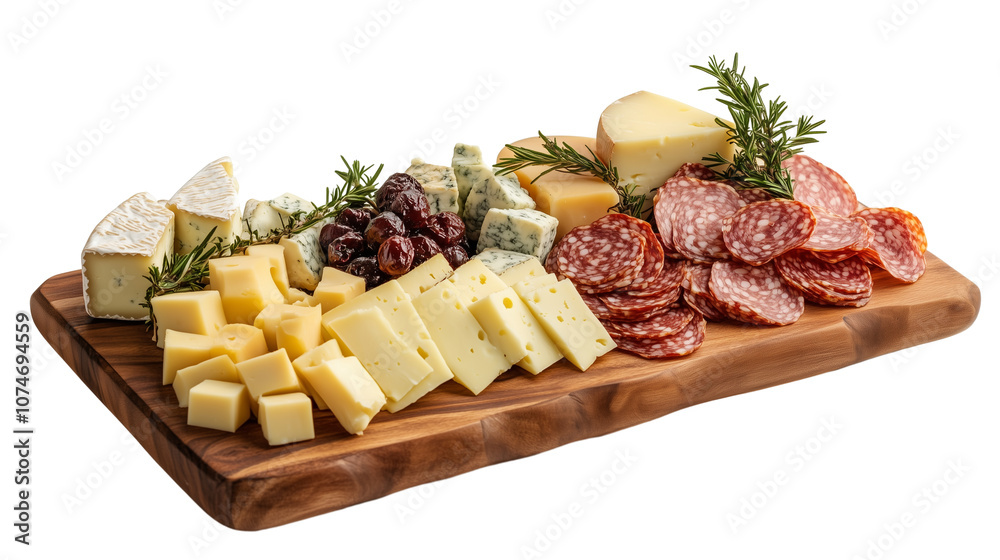 Cheese platter with assorted cheeses and salami isolated on transparent background Cheese platter with assorted cheeses and salami isolated on transparent background