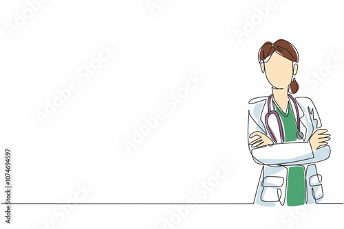 Single continuous line drawing a female doctor standing confidently with her arms crossed. Vital role of women in the medical field. National Women Physicians Day. One line design vector illustration