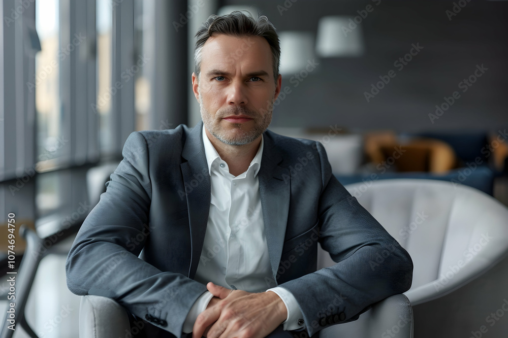 caucasian businessman in suit looking at camera while sitting on armchair at modern office caucasian businessman in suit looking at camera while sitting on armchair at modern office
