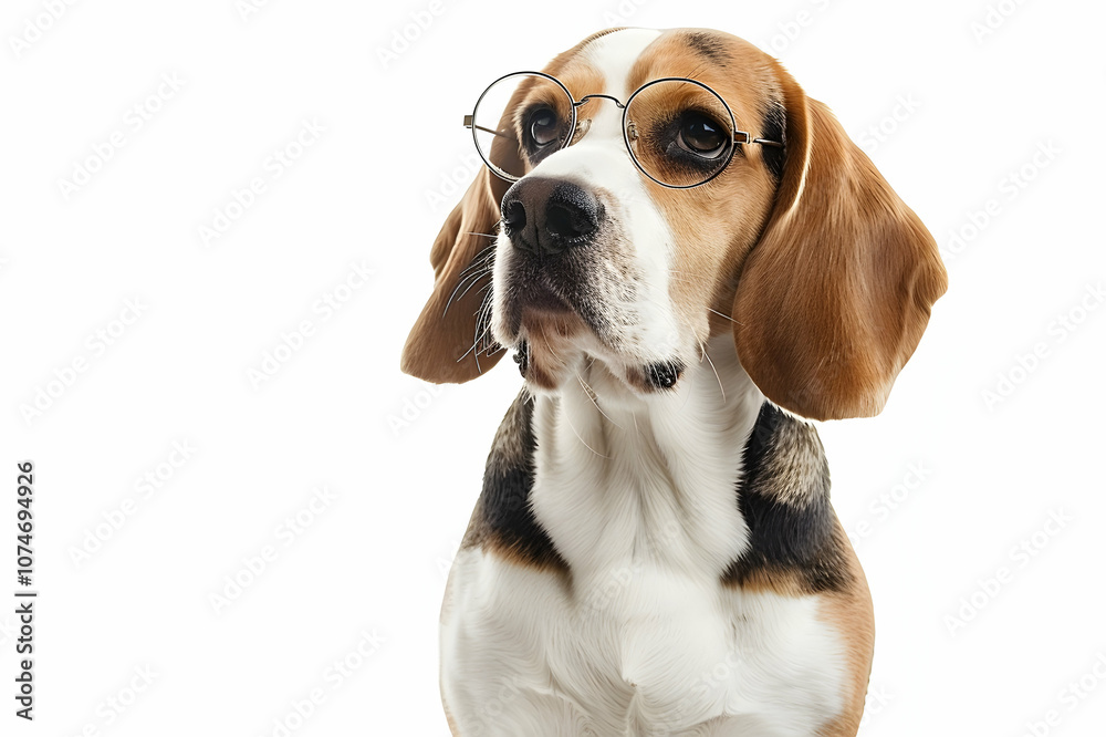 beagle dog in eyeglasses sitting on chair, isolated on white beagle dog in eyeglasses sitting on chair, isolated on white