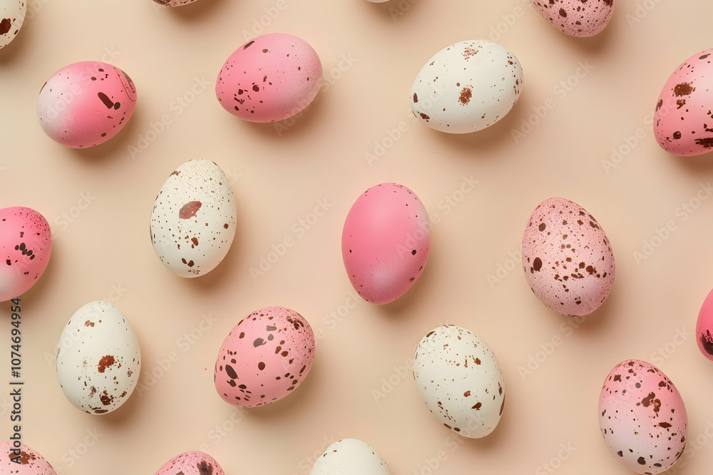 Top view of pink and white quail eggs on beige background Top view of pink and white quail eggs on beige background