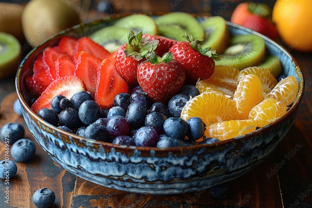 A Bowl of Fresh Fruit Salad with Strawberries, Kiwi, Oranges, and Blueberries