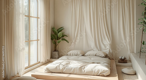 A minimalist bedroom with a peaceful, yoga-inspired atmosphere. The room features a low, simple bed with soft, neutral linens in beige tones. Natural light flows gently through sheer curtains.