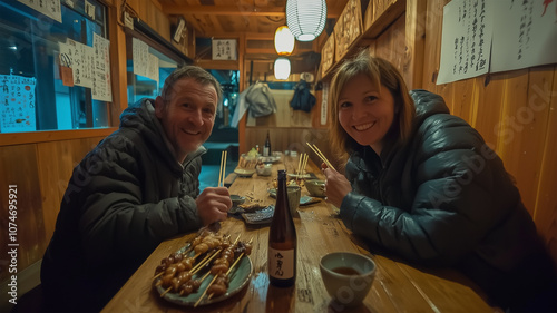 居酒屋で和食を楽しむ外国人観光客 photo