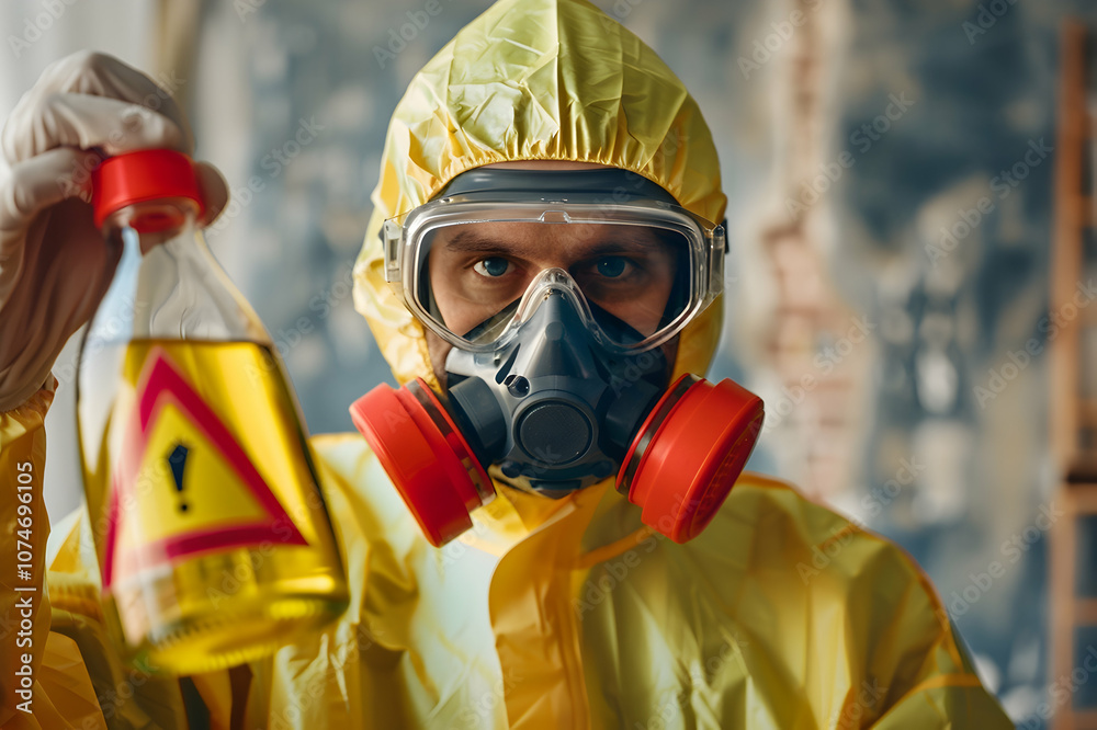 scientist in hazmat suit and goggles holding bottle with danger sign scientist in hazmat suit and goggles holding bottle with danger sign