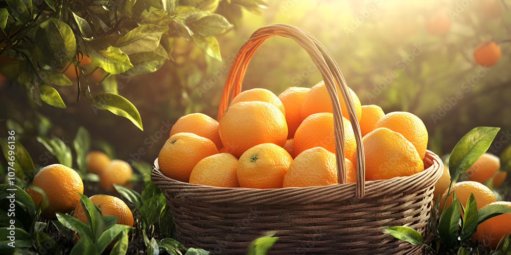Sunlit Basket of Oranges in Orchard with Greenery Sunlit Basket of Oranges in Orchard with Greenery