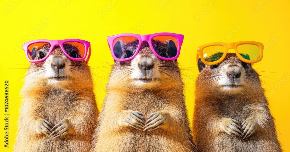 Three cute groundhogs standing together on a yellow-orange color studio background. Three cute groundhogs standing together on a yellow-orange color studio background.