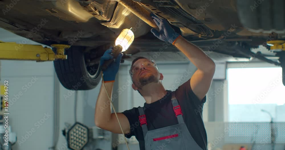 Car service - mechanic check out automobile parts while working with lamp. Auto mechanic working underneath car lifting machine at the garage.
