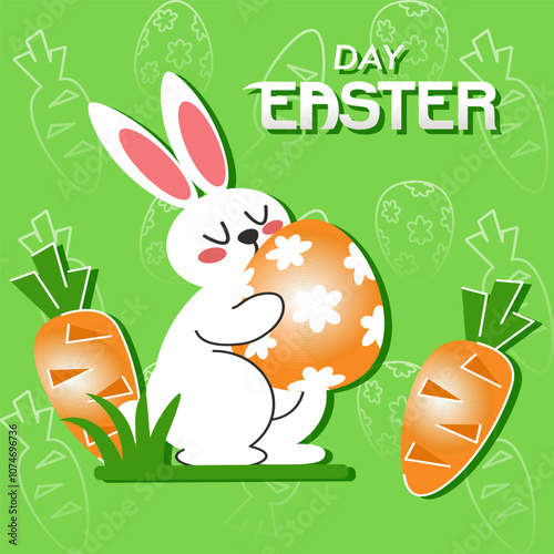 Easter card with cute bunny carrot and eggs