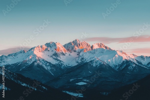 Snow Capped Mountain Range at Dramatic Sunset Overlooking Picturesque Alpine Wilderness