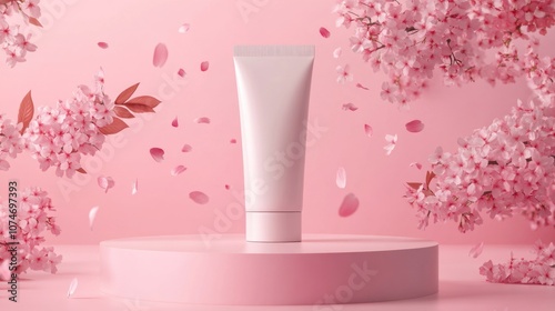 Blank beauty product tube with cherry blossoms and leaves flying on a pink background with a podium.