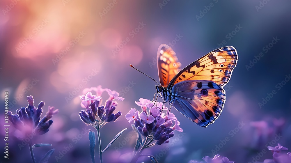 Butterfly sits gracefully on vibrant flowers Butterfly sits gracefully on vibrant flowers