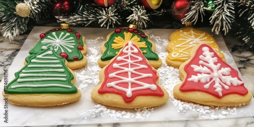 A festive display of decorated Christmas tree cookies on a marble surface.