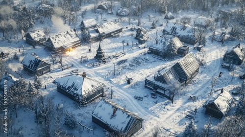 An aerial view of a snowy village. photo