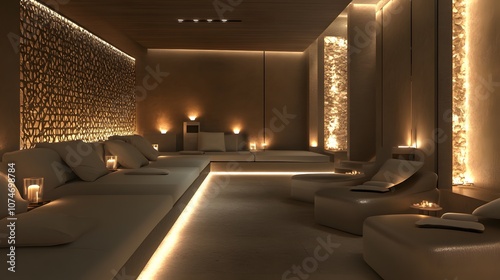 93. A stylish modern lounge with neutral tones, soft lighting, and space for a product to be placed