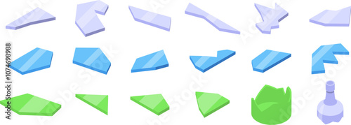 Broken glass fragments icons set. Glass pieces of many shapes and colors for board games, including a crown and a pawn