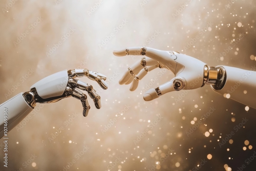 A robot hand extends towards a human hand, symbolizing connection and collaboration in a warm, golden atmosphere. Generative AI A robot hand extends towards a human hand, symbolizing connection and collaboration in a warm, golden atmosphere. Generative AI