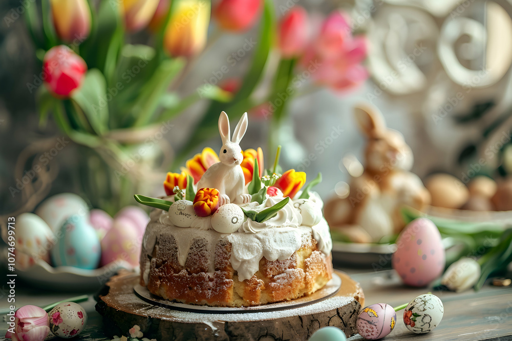 selective focus of delicious easter cake near tulips, figurines with easter bunnies and painted eggs