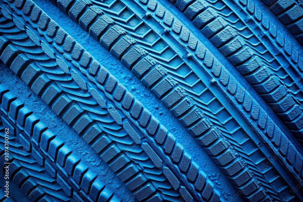 Fototapeta premium Close-Up Photography of Detailed Tire Treads with Striking Blue Coloration Showcasing Patterns and Traces Ideal for Automotive and Industrial Themes