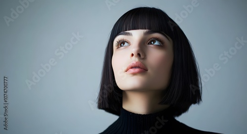 A young woman with a sleek black bob haircut and straight bangs, gazing thoughtfully upward.