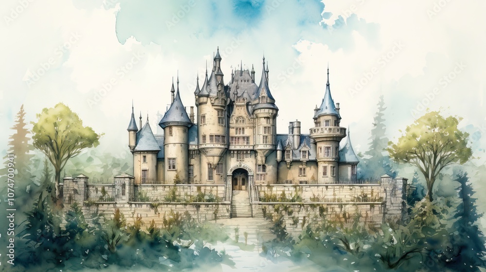 Fototapeta premium Watercolor illustration of a castle