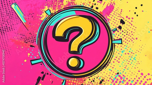 A pop art-style illustration featuring a bold question mark inside a circle icon. The design includes vibrant, contrasting colors and is set against a colorful background. 
