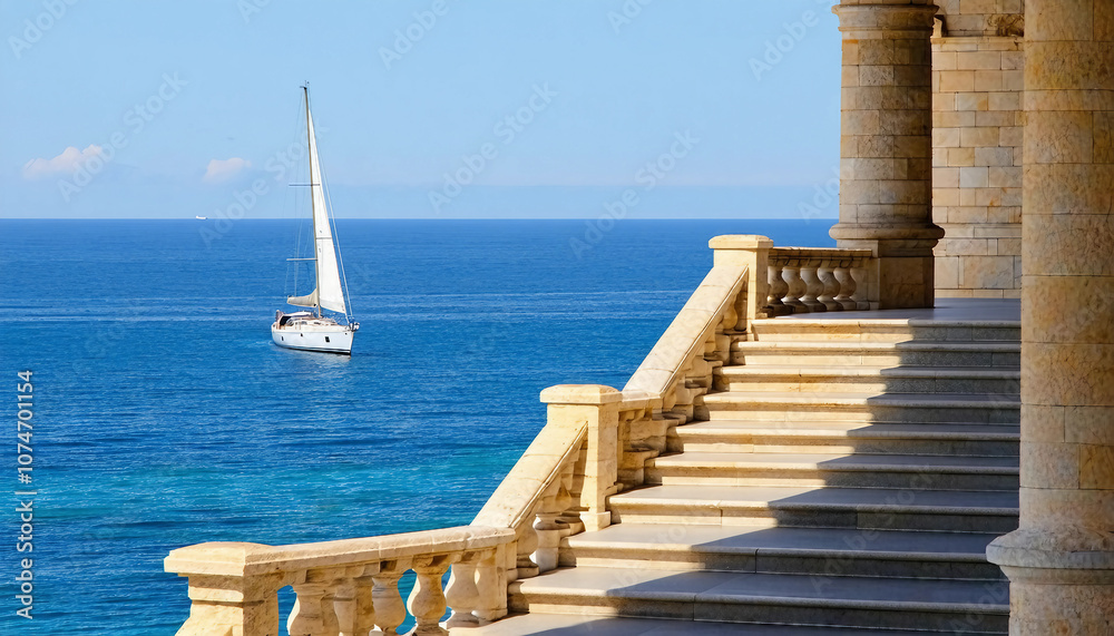 Fototapeta premium Stunning coastal view from an elegant staircase overlooking sailboats in the tranquil sea 