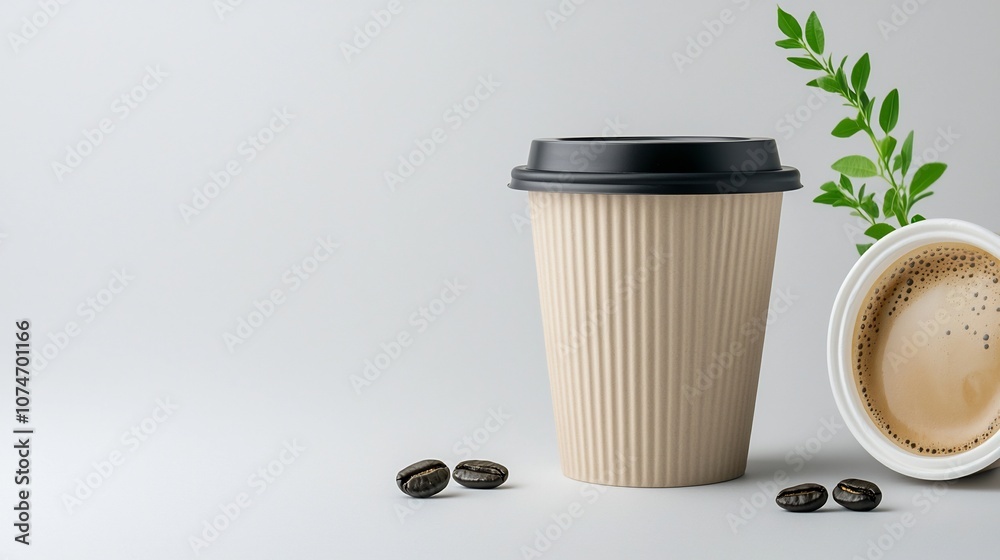 Single disposable coffee cup with a black lid on a plain white background ready for logo placement or product branding design Minimal simple and clean aesthetic perfect for advertising packaging Single disposable coffee cup with a black lid on a plain white background ready for logo placement or product branding design Minimal simple and clean aesthetic perfect for advertising packaging