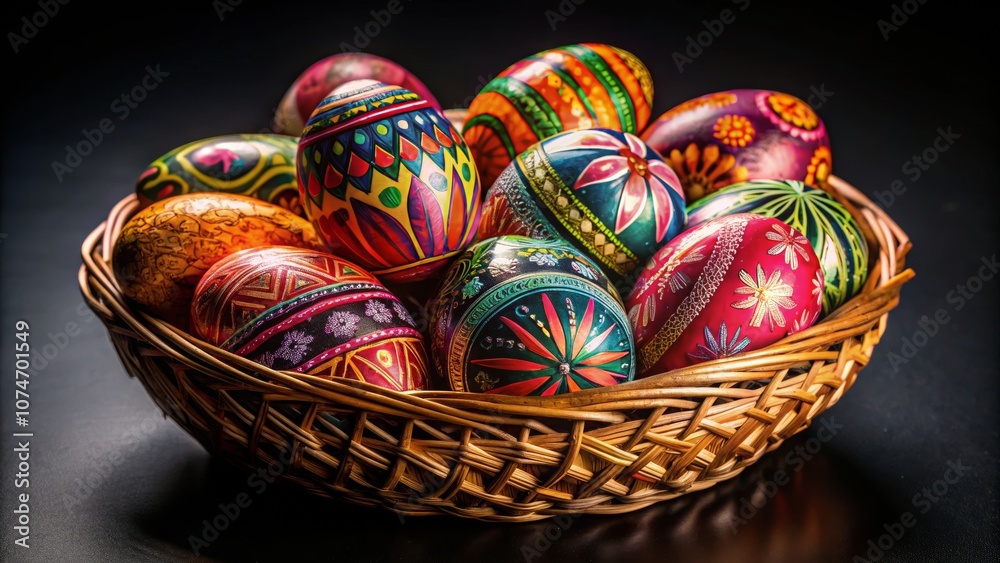 Elegant Display of Colorful Easter Eggs in a Woven Basket on a Striking Black Background, Perfect for Spring Celebrations or Seasonal Decor Elegant Display of Colorful Easter Eggs in a Woven Basket on a Striking Black Background, Perfect for Spring Celebrations or Seasonal Decor