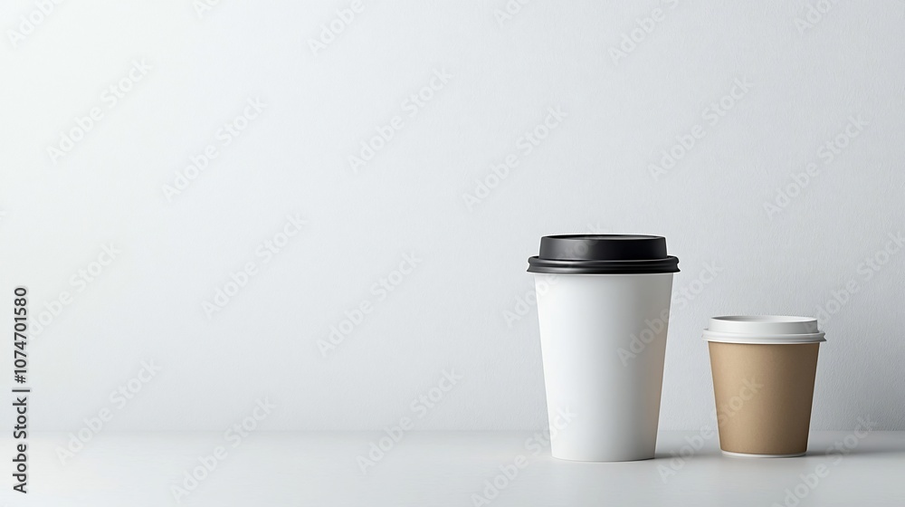 Disposable white coffee cup with a sleek black lid against a clean white background highlighting the simplicity and functionality of this everyday beverage container Disposable white coffee cup with a sleek black lid against a clean white background highlighting the simplicity and functionality of this everyday beverage container
