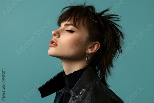 A stylish and bold profile of a young woman with an edgy hairstyle. Her hair is cut into a modern, spiky shape with sharp layers that stand out against the teal background.
