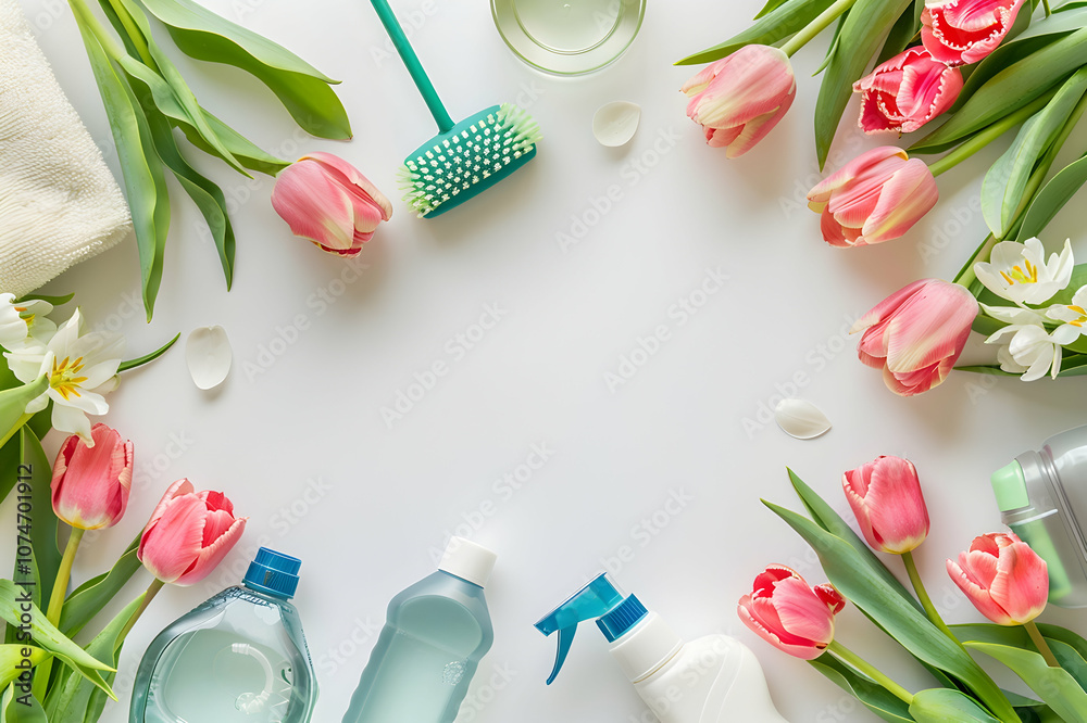 top view of spring tulips and green cleaning supplies near spring cleaning card on white background top view of spring tulips and green cleaning supplies near spring cleaning card on white background