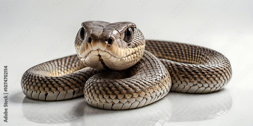 Fototapeta premium a coiled snake with various unique patterns and types, lying on a white background. Realistic view. created with generative AI