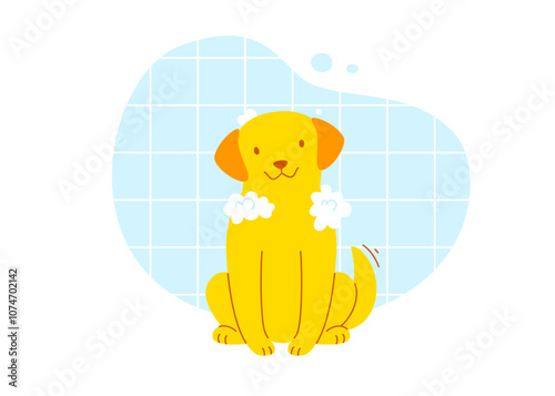 Washing a dog with shampoo. Cartoon vector puppy in soap foam. Cute labrador  takes a shower.