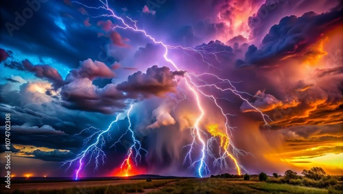 Captivating Natural Display of Electric Lightning Striking Through Colorful Storm Clouds at Dusk in Vivid Colors Creating a Stunning Scene of Nature's Power