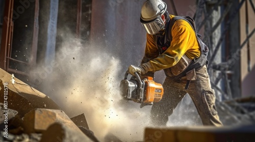 Construction Worker Cutting Concrete