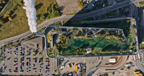Aerial drone view of CopenHill artificial ski slope on the roof of an energy plant photo