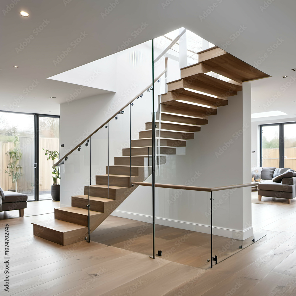 A staircase with a glass balustrade and floating wooden steps, offering a clean, modern look with an open, airy feel. A staircase with a glass balustrade and floating wooden steps, offering a clean, modern look with an open, airy feel.
