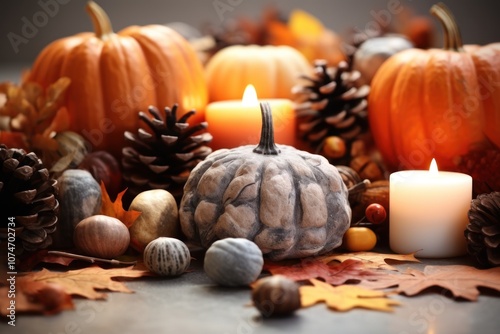 Autumn-themed home decor with marble pumpkins, candles and dried flowers