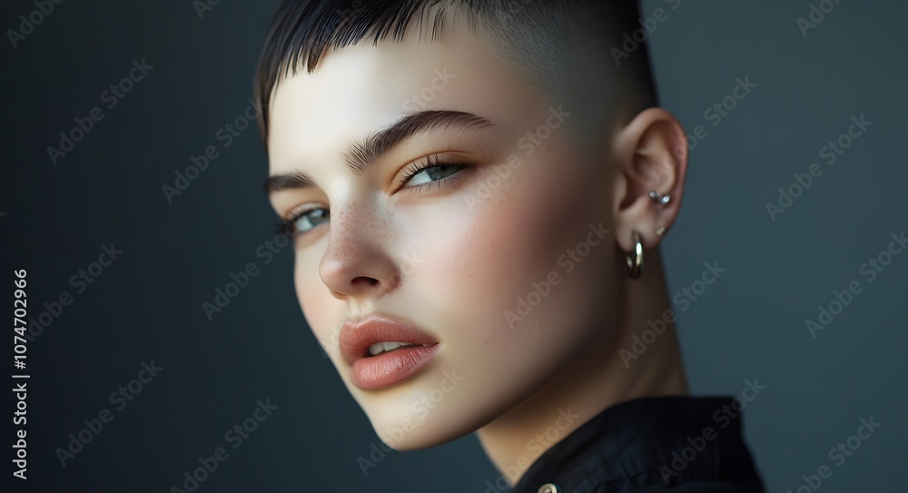 Fototapeta premium A close-up profile of a young woman with an edgy undercut hairstyle.