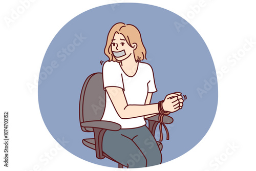 Bilde på lerret Woman hostage with bound hands sits in chair after being kidnapped or attacked by criminals