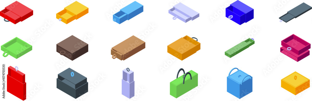 Slide box ribbon icons set. Colorful set of matchboxes in isometric view, showcasing various styles, shapes, and color schemes